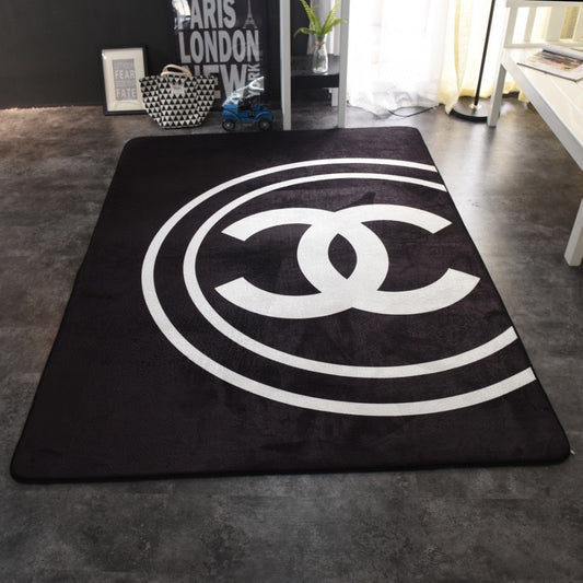 Plain Black White Luxury Double C Chanel Logo Design Home Decoration Rectangle Area Rugs (C005)