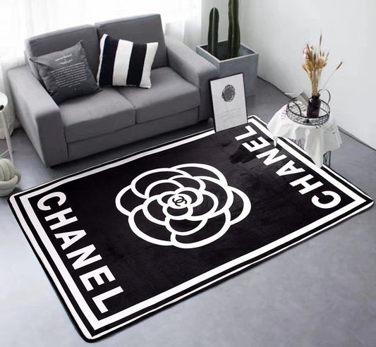 Classic Black White Chanel Flower Logo Design Home Decoration Rectangle Area Rugs (C006)