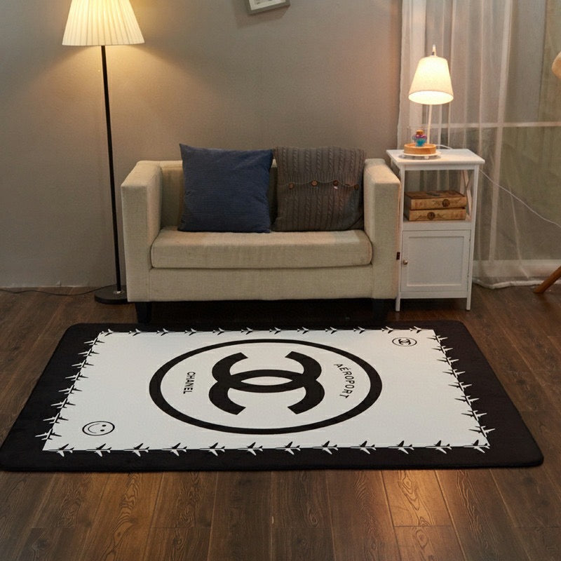 Classic Black White Double C Luxury Brand Chanel Logo Design Home Decoration Rectangle Area Rugs (C009)