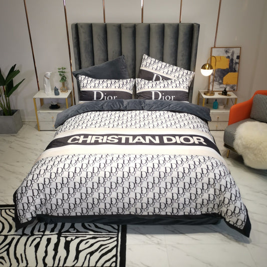 Luxury Branded Logo Classic Christian Dior Design Bed Sheet Crystal Velvet 4 Pieces Bedding Set