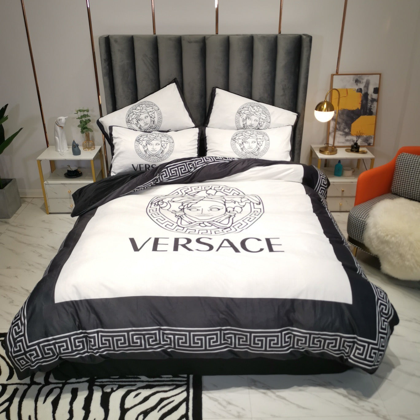 Versace Medusa Luxury Brand Logo Black White Design Bed Sheet Crystal Velvet 4 Pieces Bedding Set