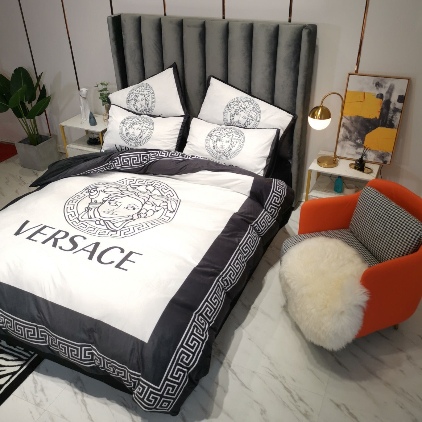 Versace Medusa Luxury Brand Logo Black White Design Bed Sheet Crystal Velvet 4 Pieces Bedding Set