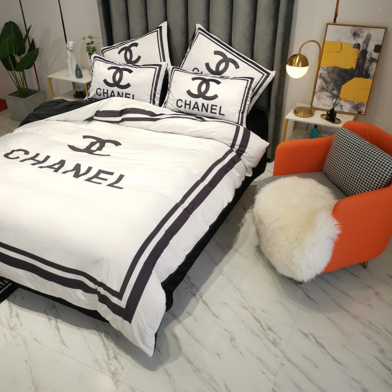 Classic Double C Chanel Luxury Branded Logo Black White Design Bed Sheet Crystal Velvet Bedding Set