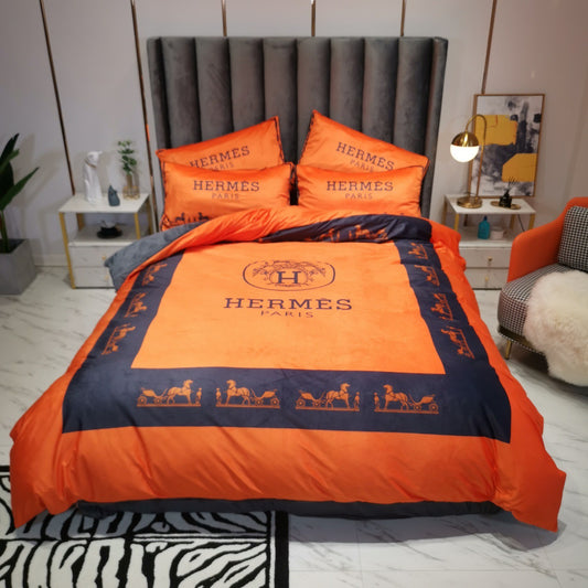 Hermes Classic Orange Black Luxury Branded Logo Design Bed Sheet Crystal Velvet 4 Pieces Bedding Set