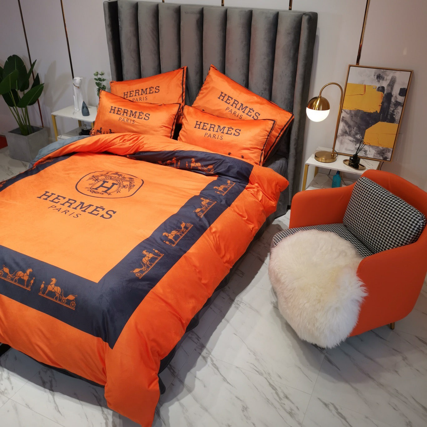 Hermes Classic Orange Black Luxury Branded Logo Design Bed Sheet Crystal Velvet 4 Pieces Bedding Set