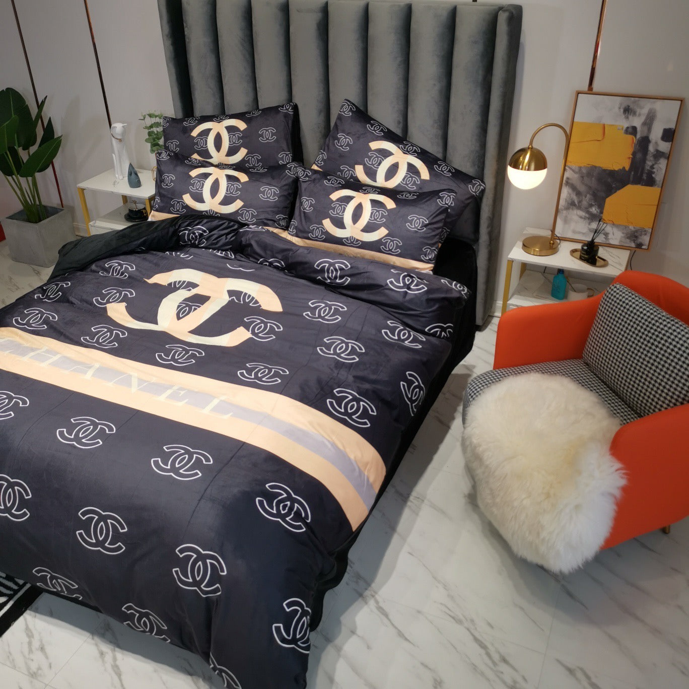 Black Gold Double C Design Chanel Luxury Brand Logo Bed Sheet Crystal Velvet Bedding Set