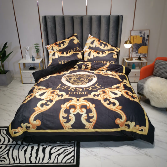 Versace Medusa Luxury Branded Logo Design Black Gold Bed Sheet Crystal Velvet 4 Pieces Bedding Set