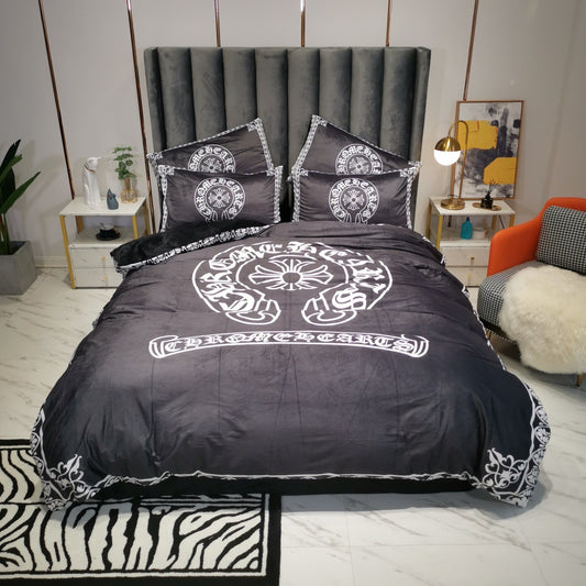 Chrome Heart Streetwear Branded Logo Crystal Velvet Material 4 Pieces Bedding Set