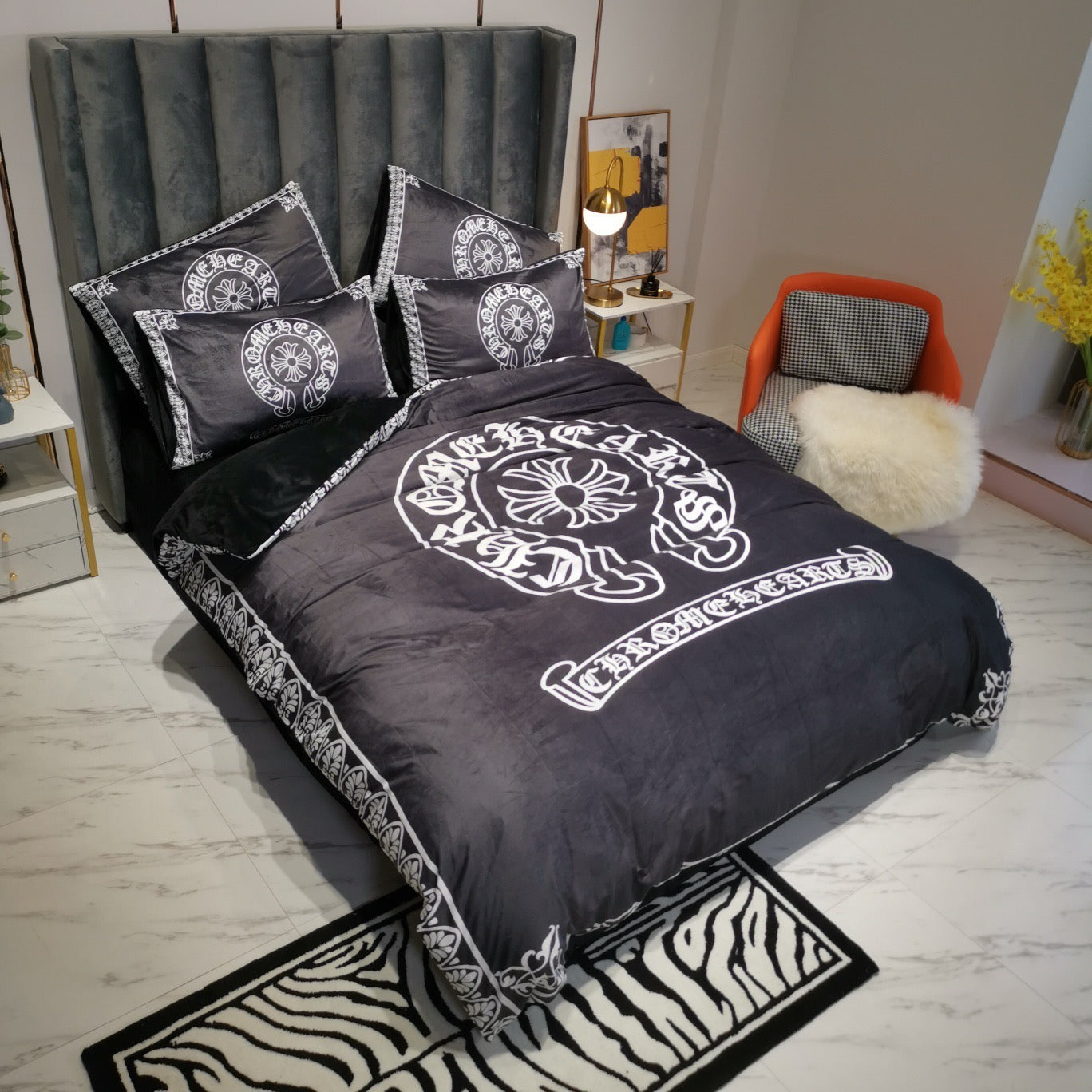 Chrome Heart Streetwear Branded Logo Crystal Velvet Material 4 Pieces Bedding Set