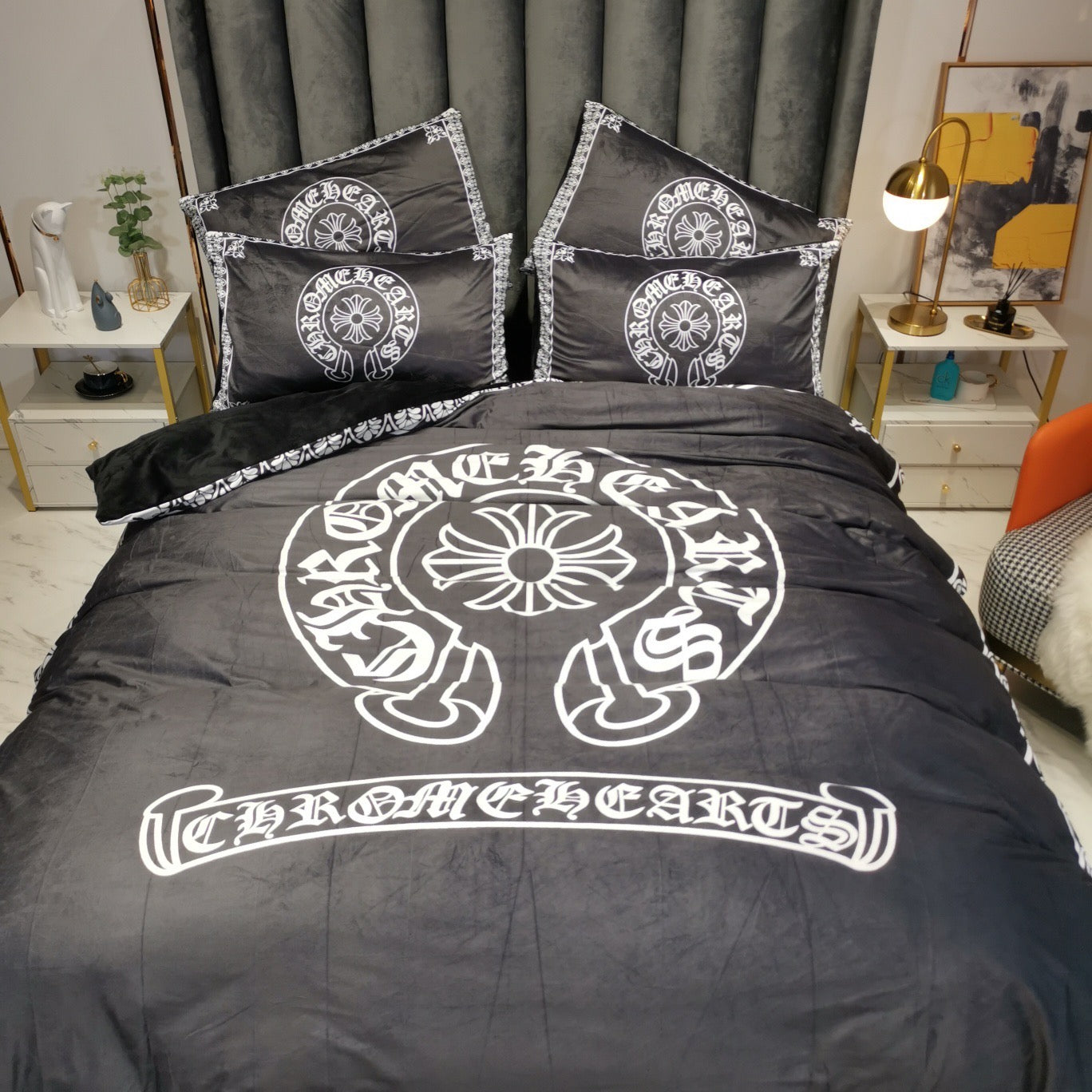 Chrome Heart Streetwear Branded Logo Crystal Velvet Material 4 Pieces Bedding Set