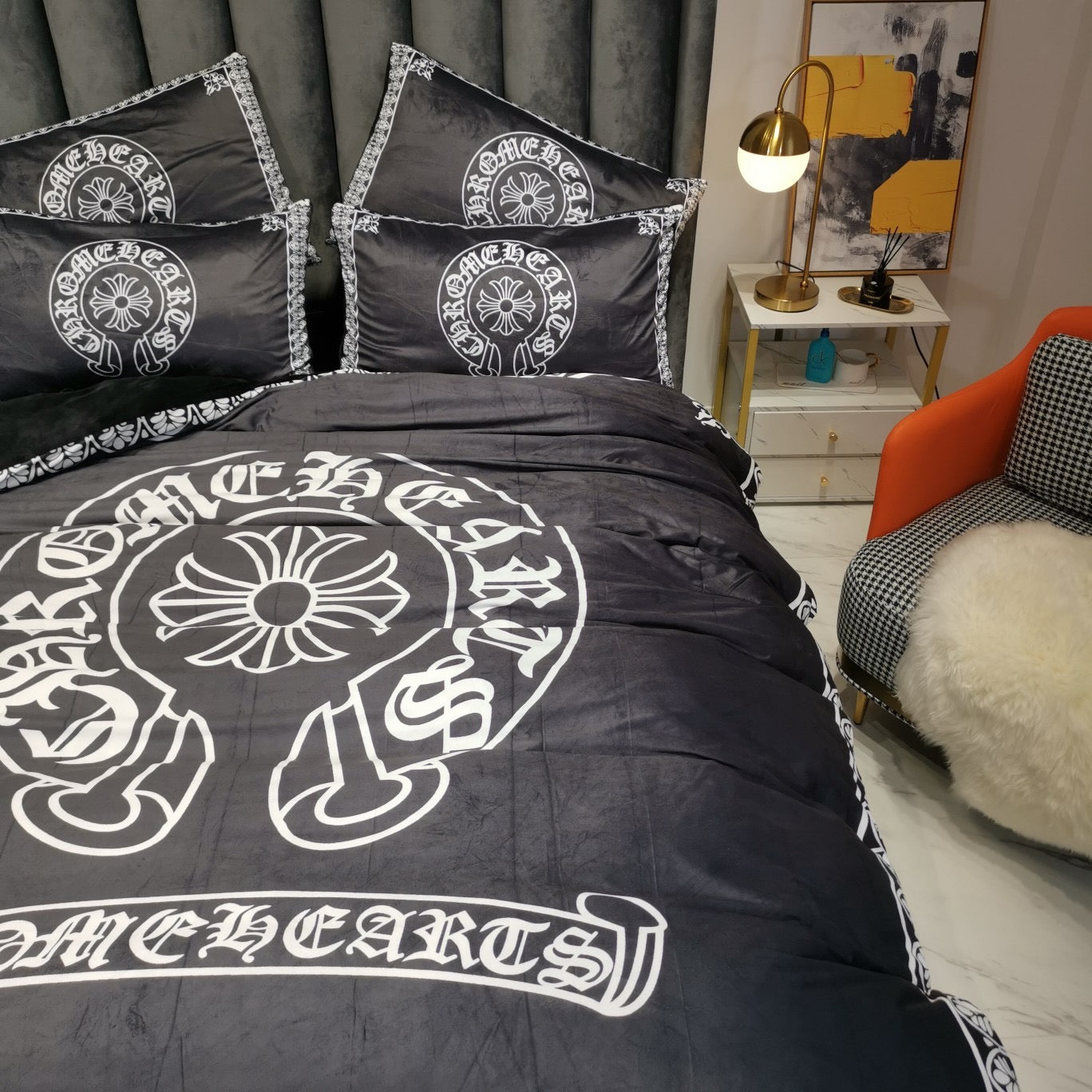 Chrome Heart Streetwear Branded Logo Crystal Velvet Material 4 Pieces Bedding Set