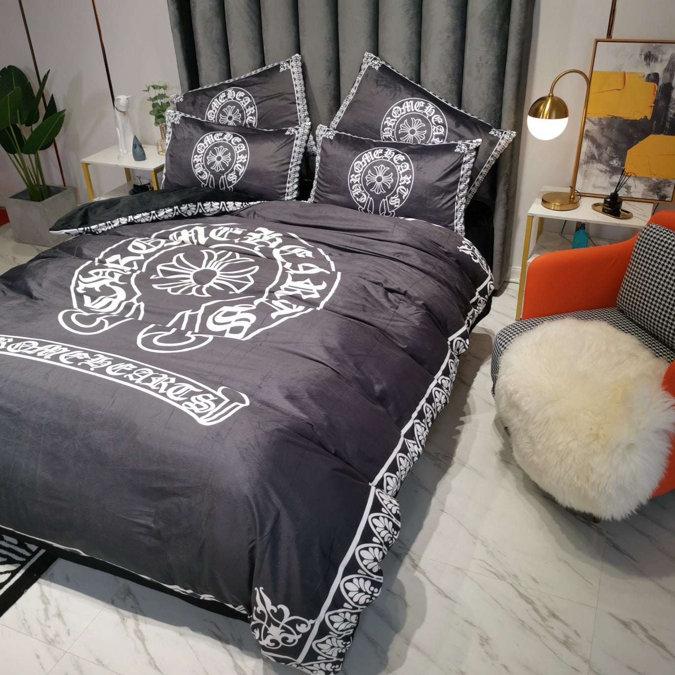 Chrome Heart Streetwear Branded Logo Crystal Velvet Material 4 Pieces Bedding Set