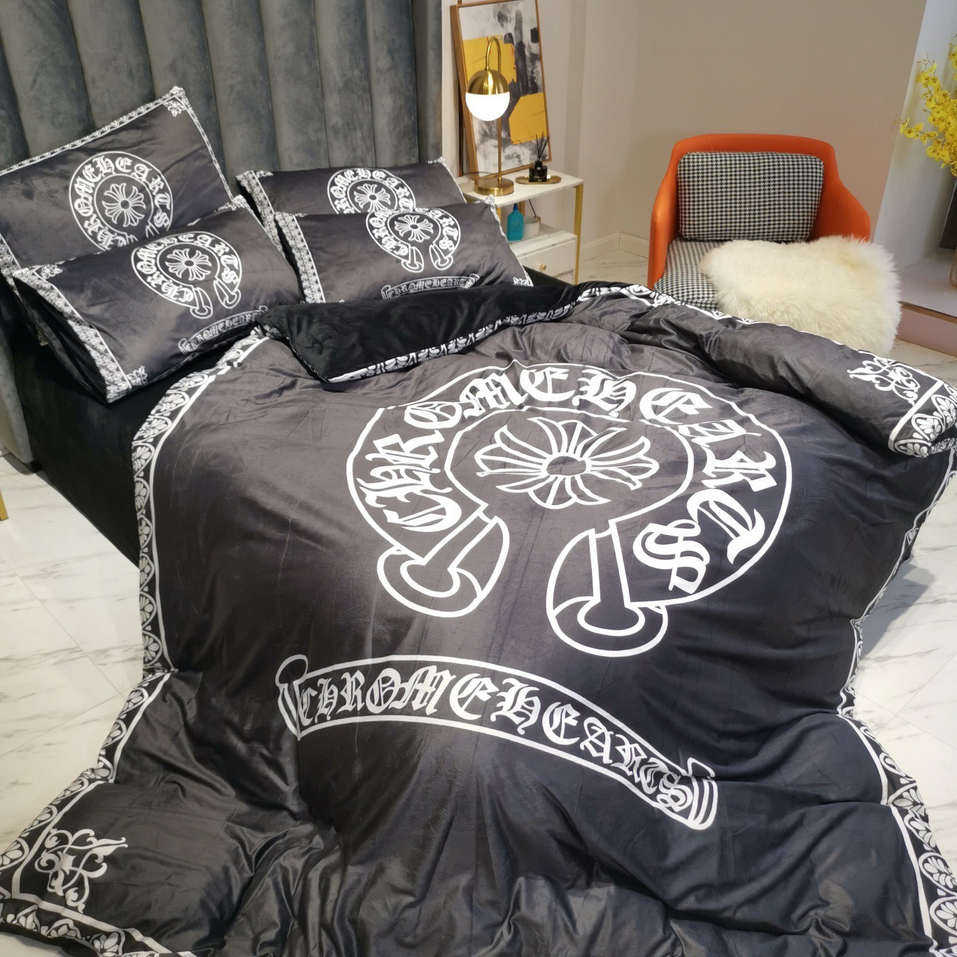 Chrome Heart Streetwear Branded Logo Crystal Velvet Material 4 Pieces Bedding Set