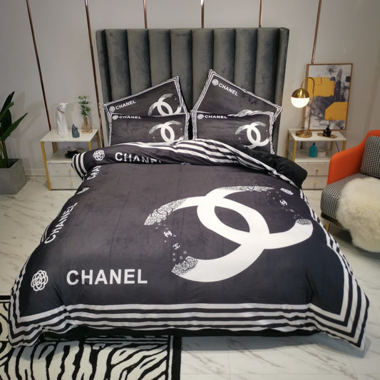 Luxury Branded Chanel Logo Design Bed Sheet Crystal Velvet Material 4 Pieces Bedding Set