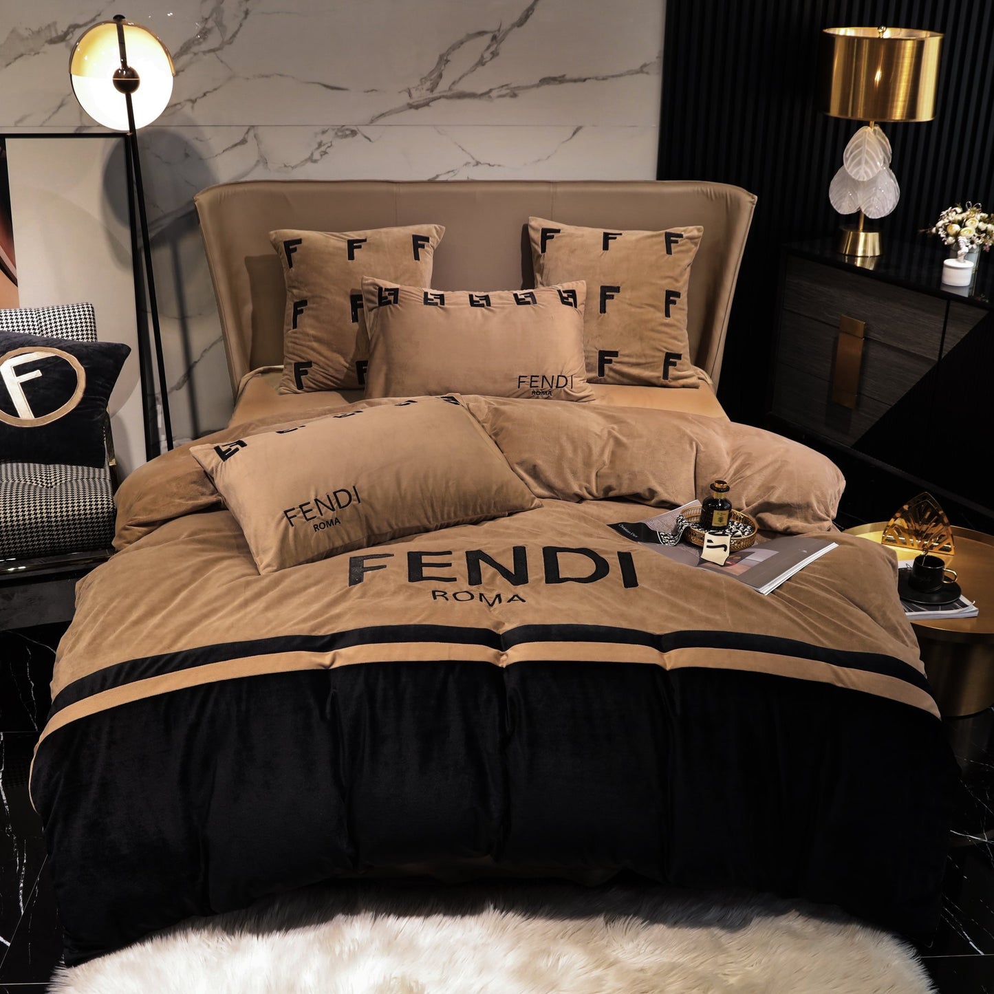 Black Gold Fendi Roma Milk Velvet Bedding Set