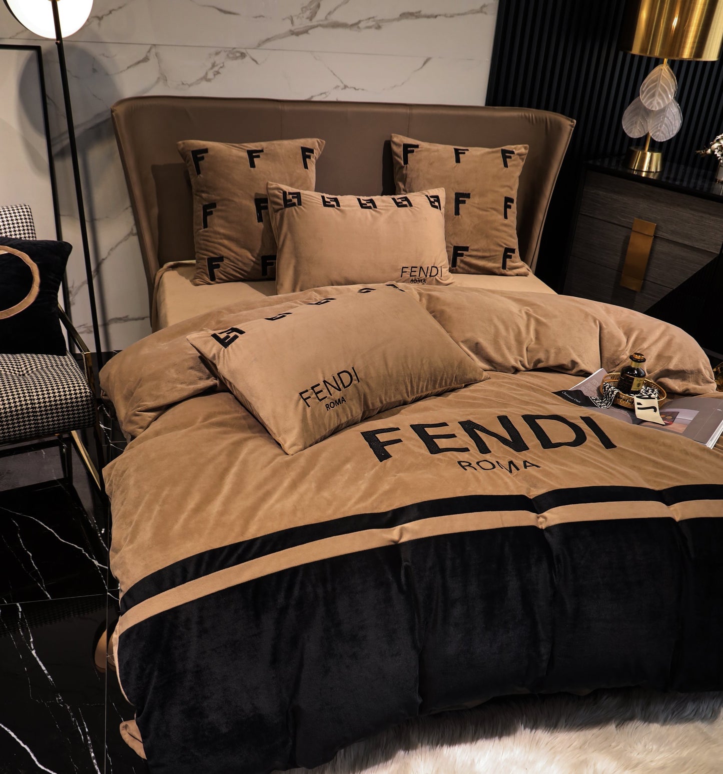 Black Gold Fendi Roma Milk Velvet Bedding Set