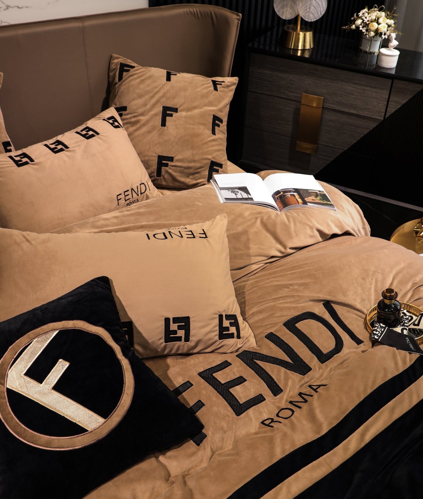 Black Gold Fendi Roma Milk Velvet Bedding Set