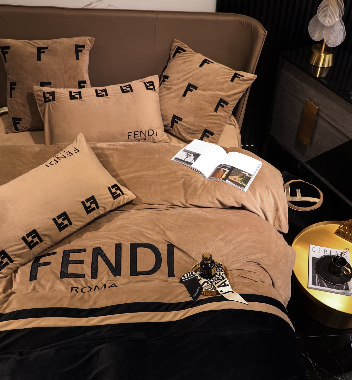 Black Gold Fendi Roma Milk Velvet Bedding Set