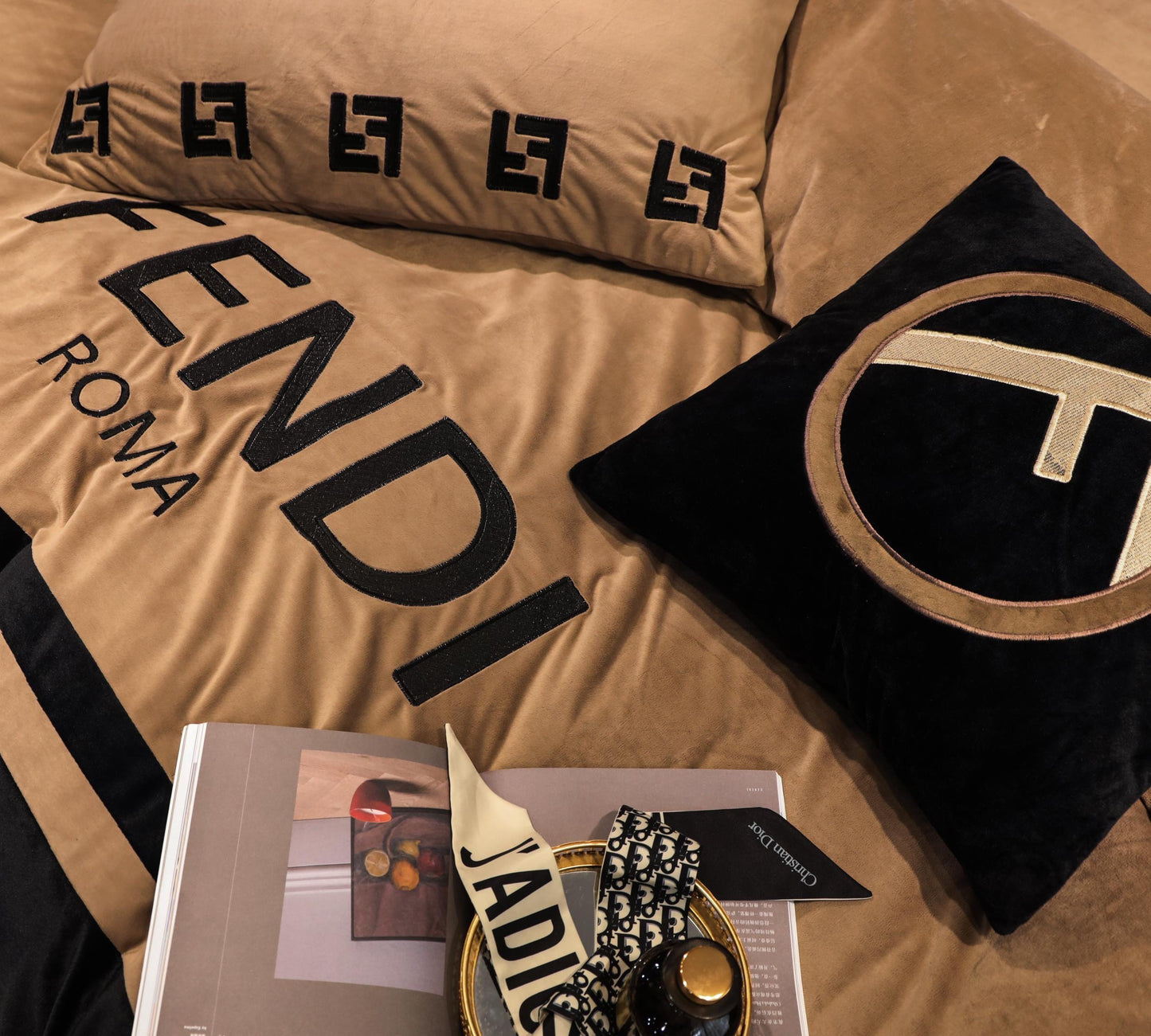 Black Gold Fendi Roma Milk Velvet Bedding Set