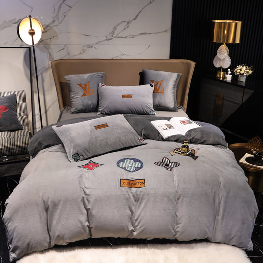 Plain Grey Louis Vuitton LV Milk Velvet Bedding Set