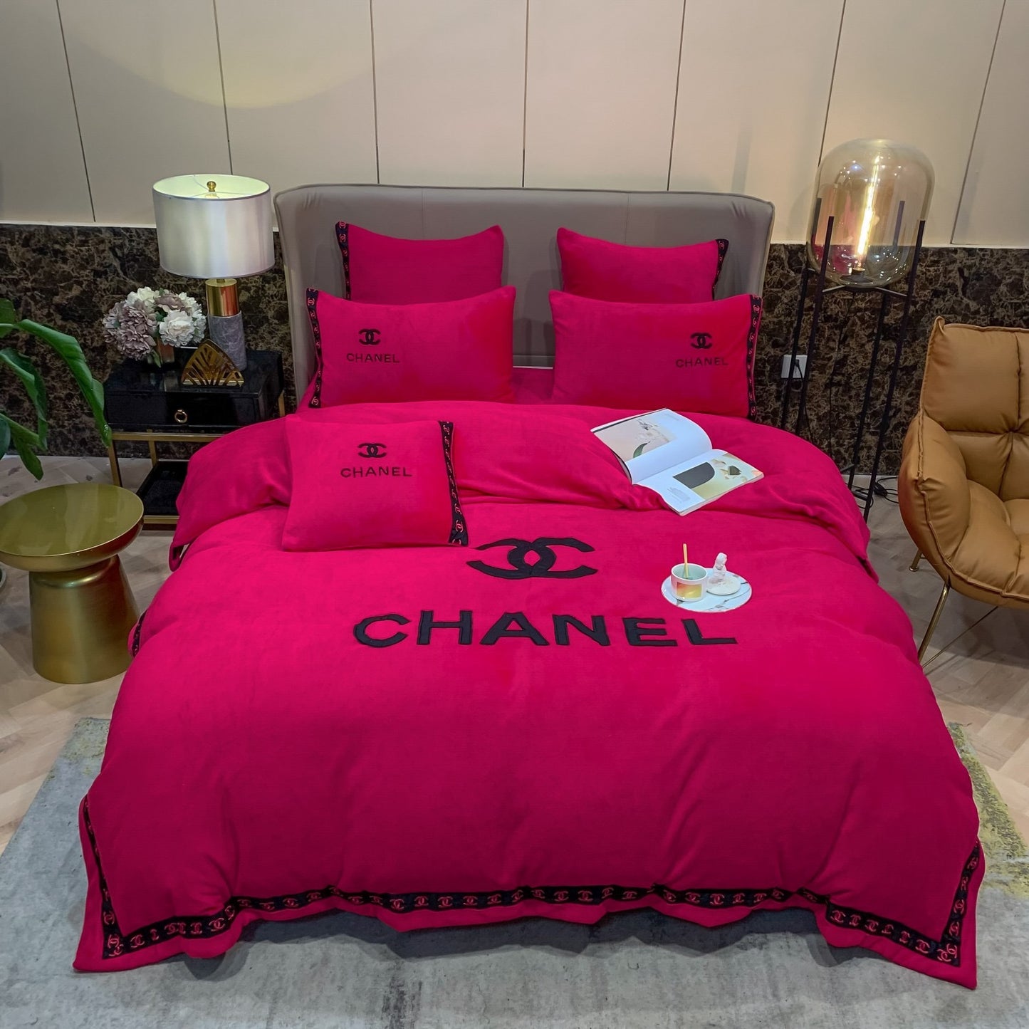 Plain Dark Pink Chanel Milk Velvet Bedding Set