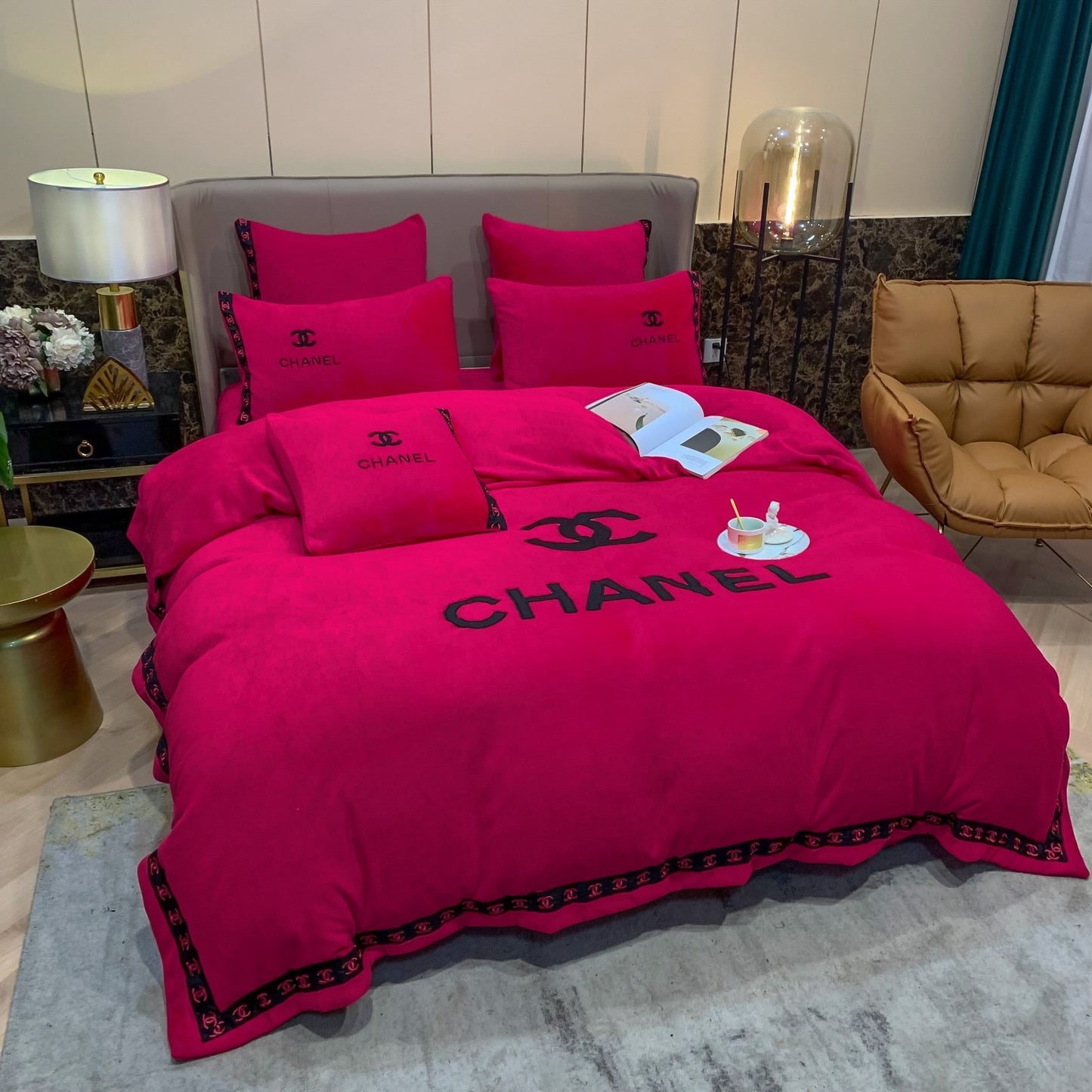 Plain Dark Pink Chanel Milk Velvet Bedding Set