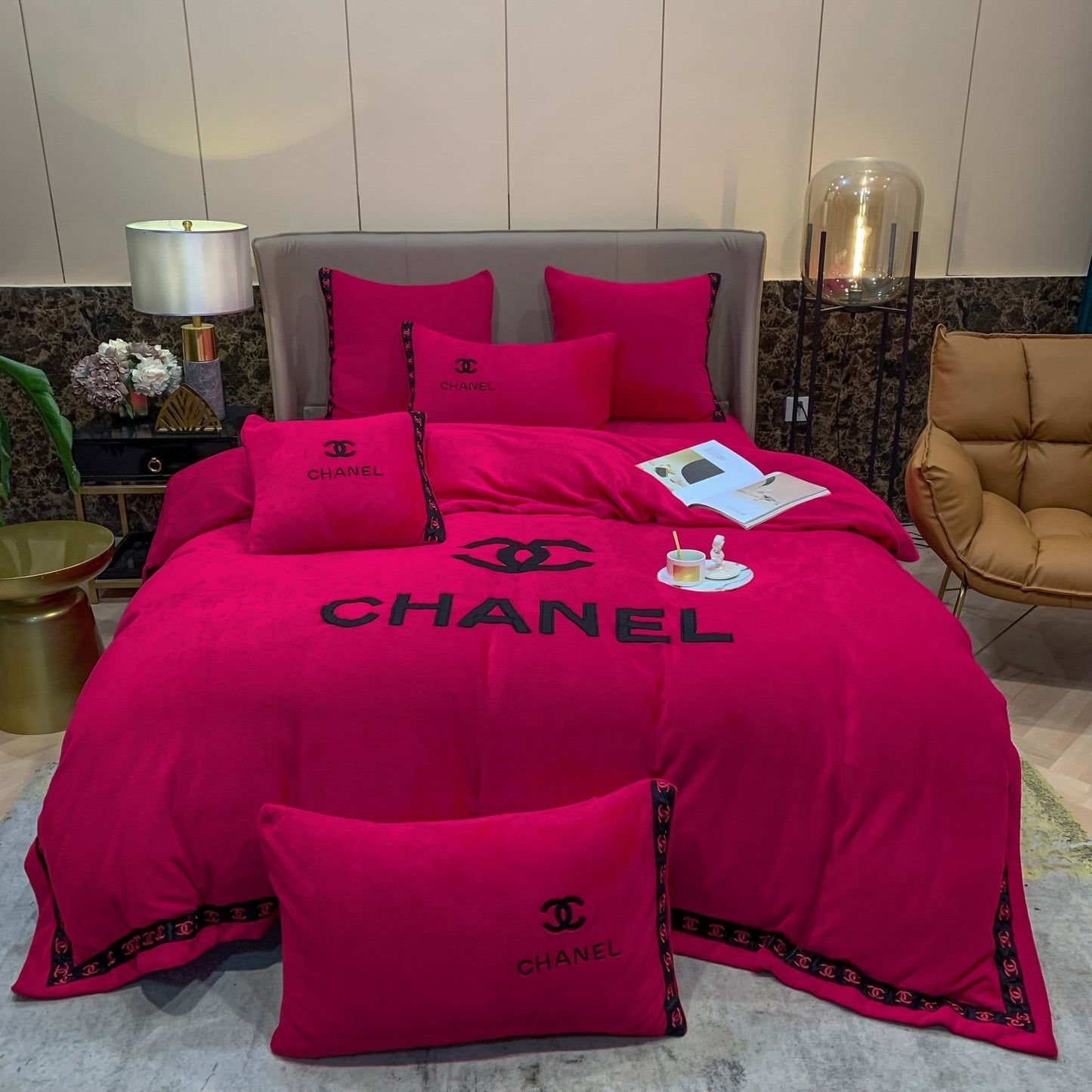 Plain Dark Pink Chanel Milk Velvet Bedding Set