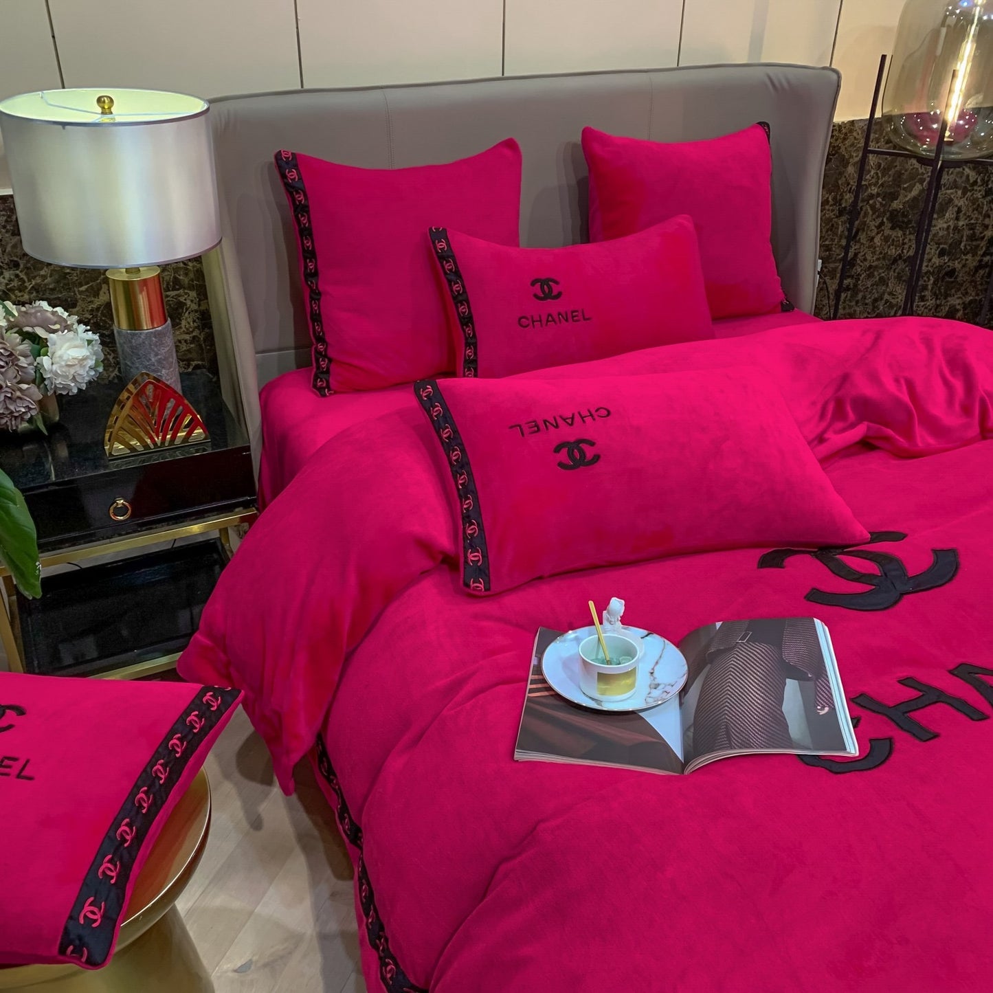 Plain Dark Pink Chanel Milk Velvet Bedding Set