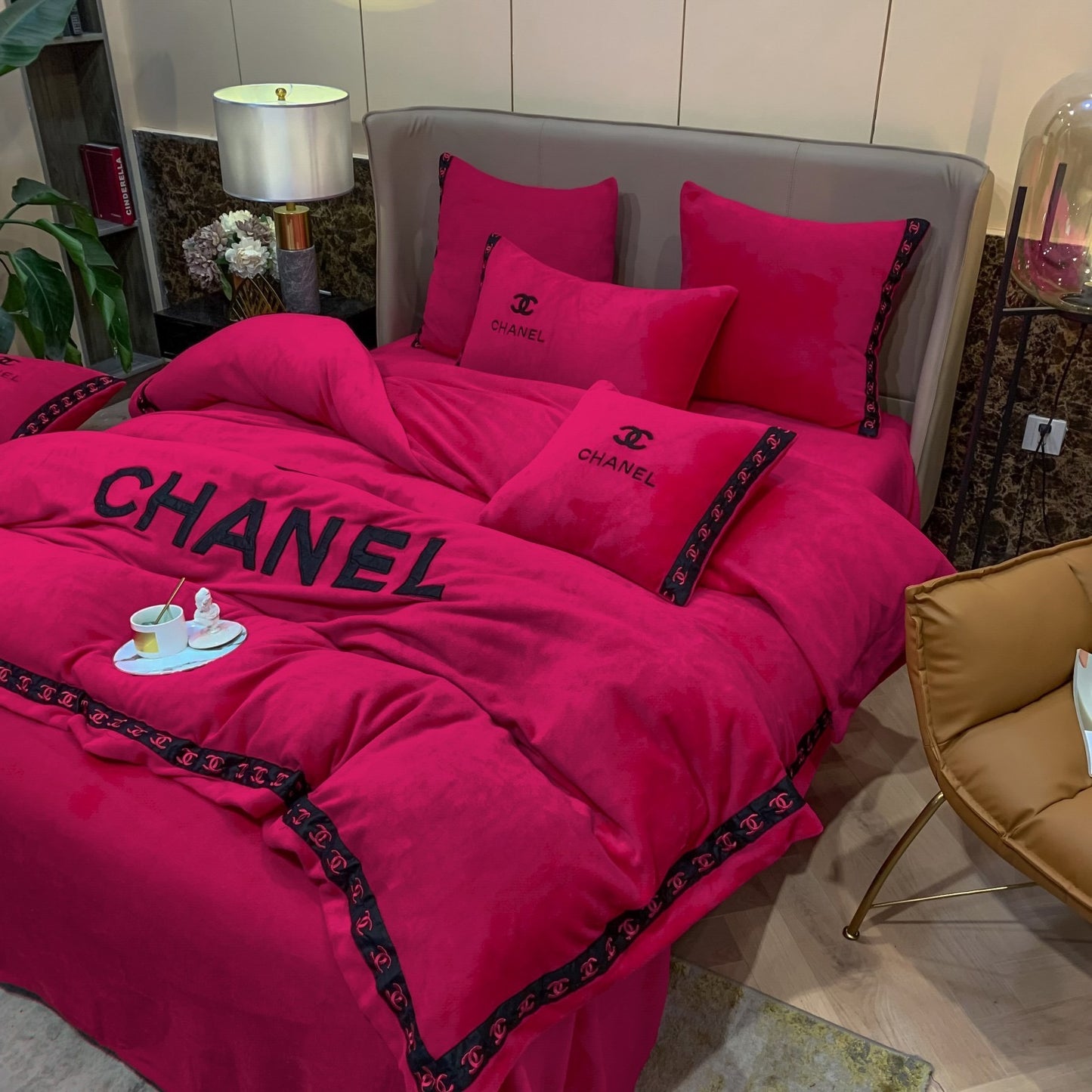 Plain Dark Pink Chanel Milk Velvet Bedding Set