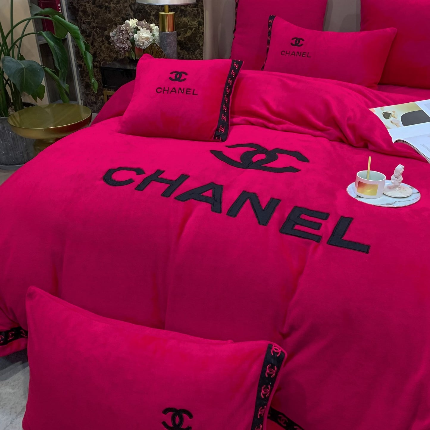 Plain Dark Pink Chanel Milk Velvet Bedding Set