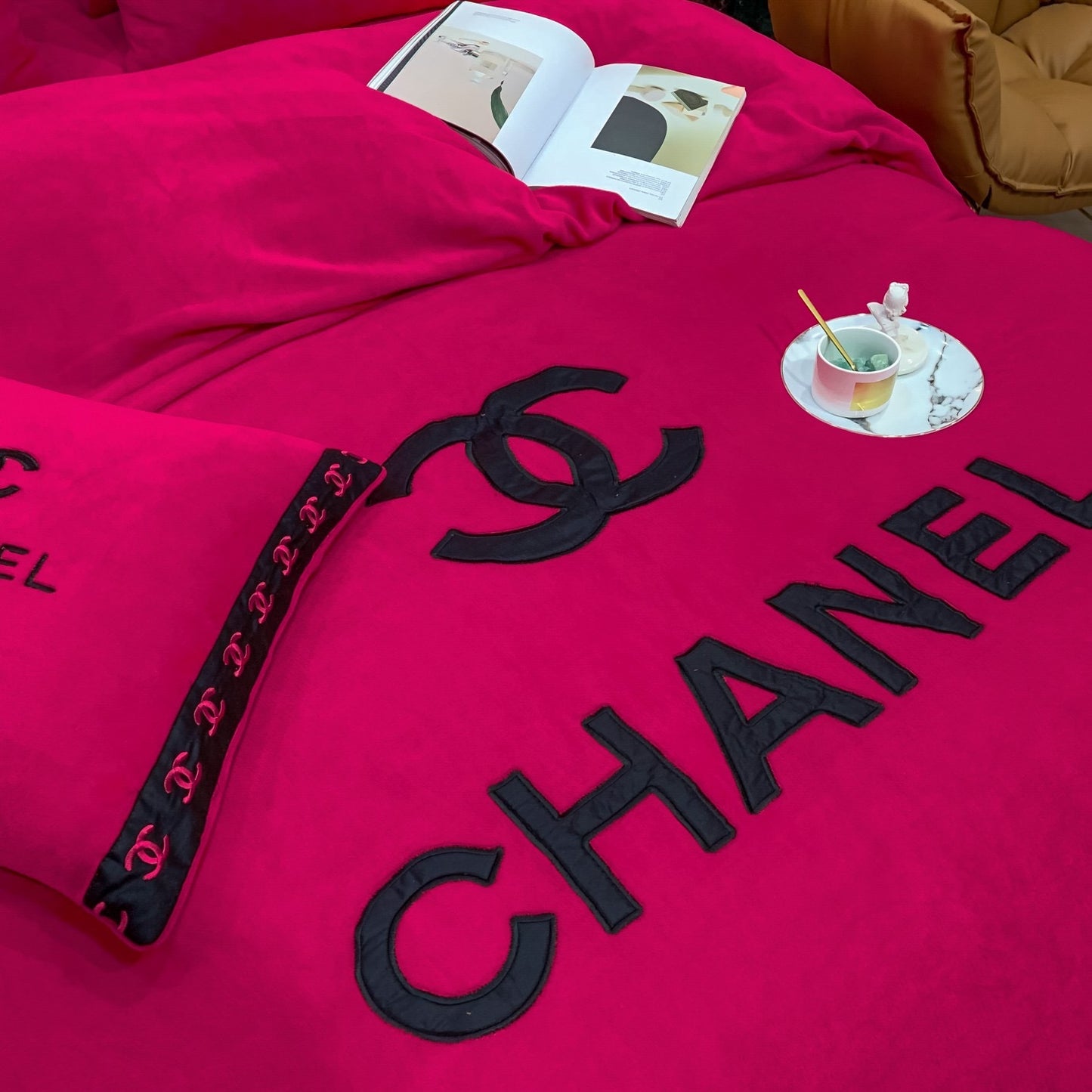 Plain Dark Pink Chanel Milk Velvet Bedding Set