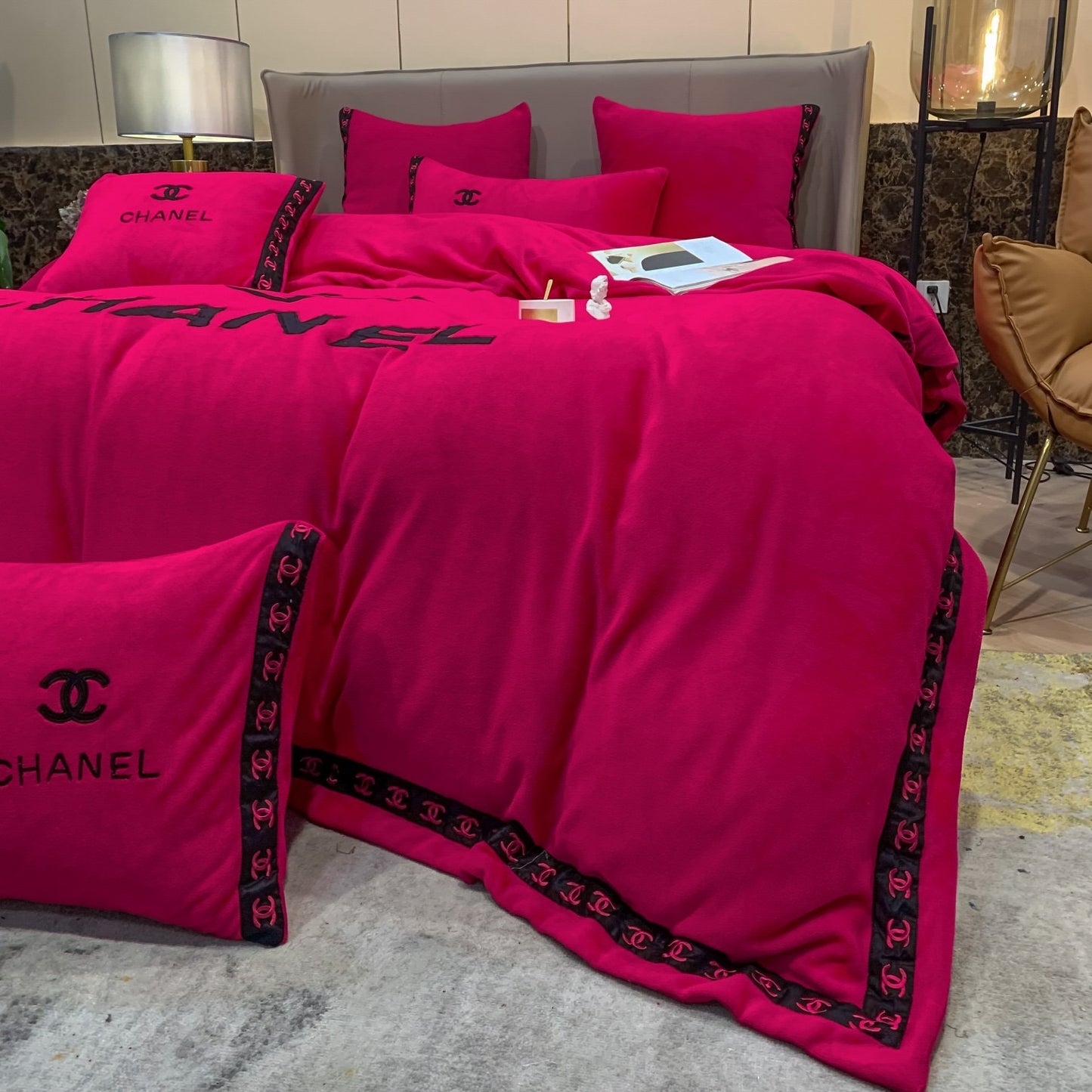 Plain Dark Pink Chanel Milk Velvet Bedding Set