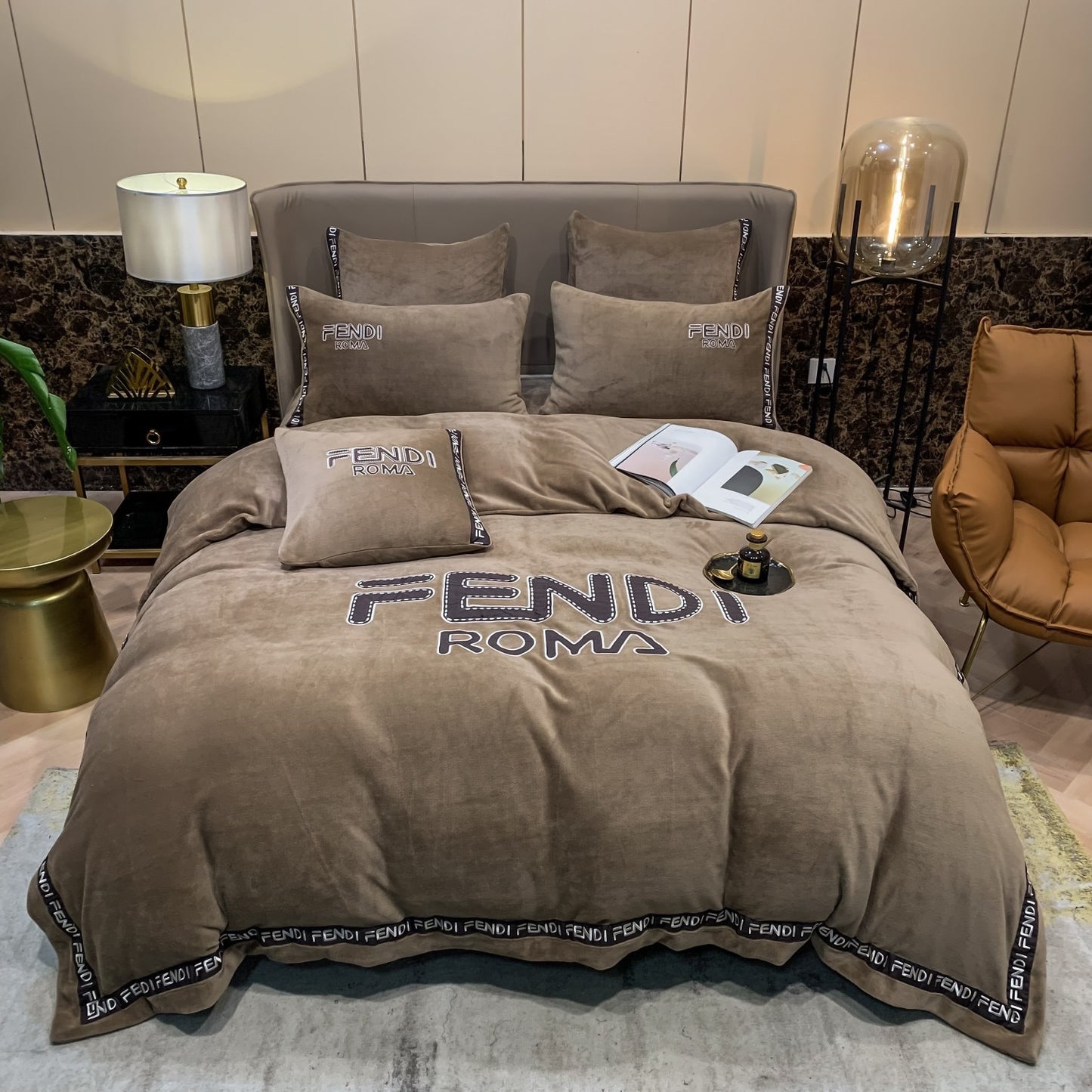 Fendi Roma Brown Milk Velvet Bedding Set