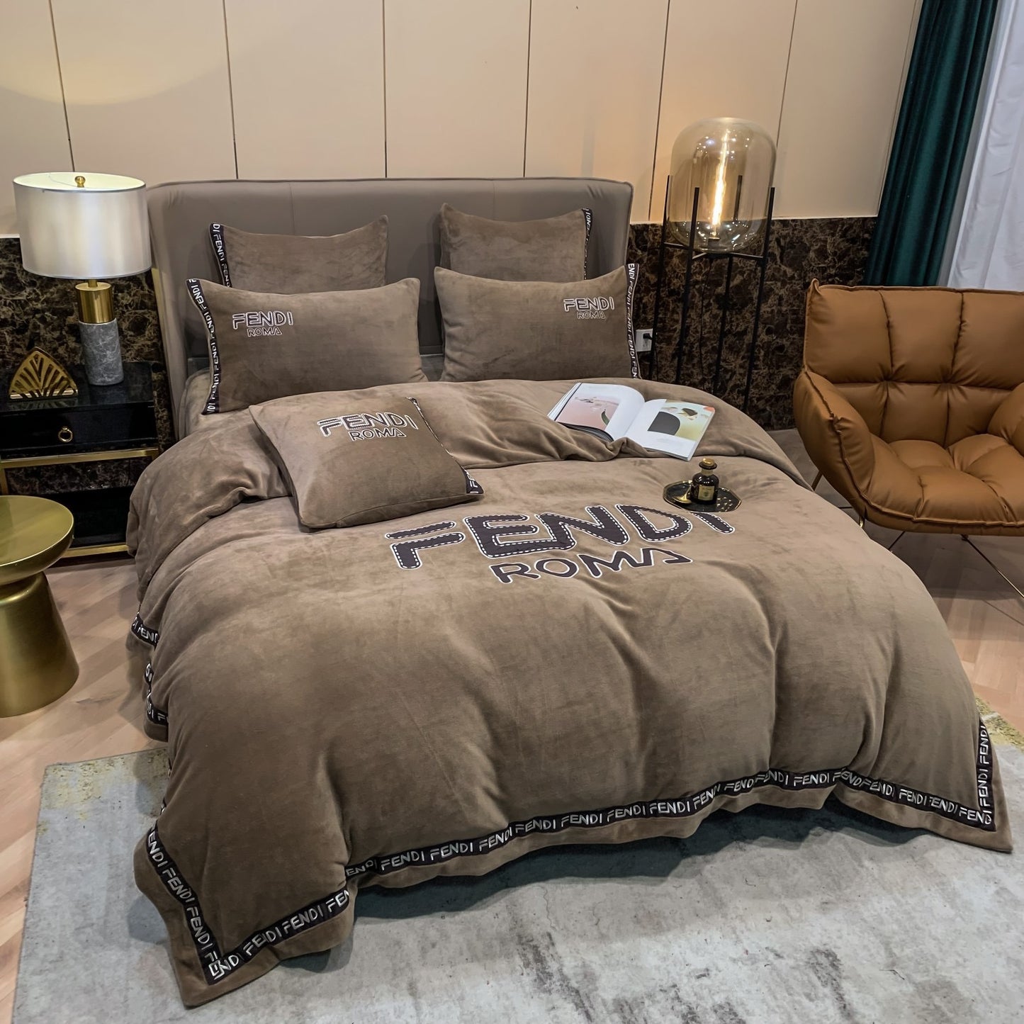 Fendi Roma Brown Milk Velvet Bedding Set