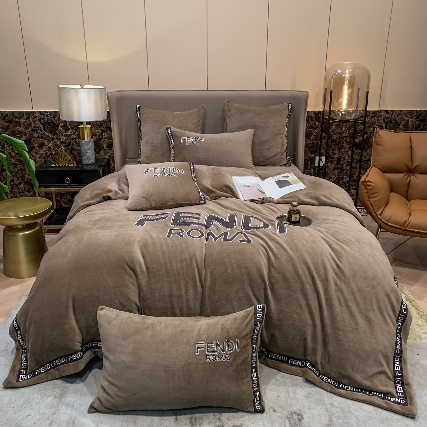 Fendi Roma Brown Milk Velvet Bedding Set