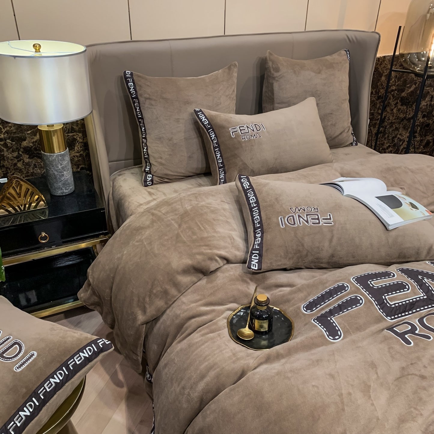 Fendi Roma Brown Milk Velvet Bedding Set