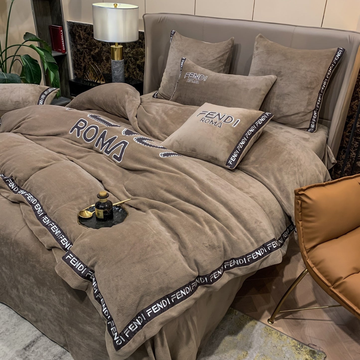 Fendi Roma Brown Milk Velvet Bedding Set