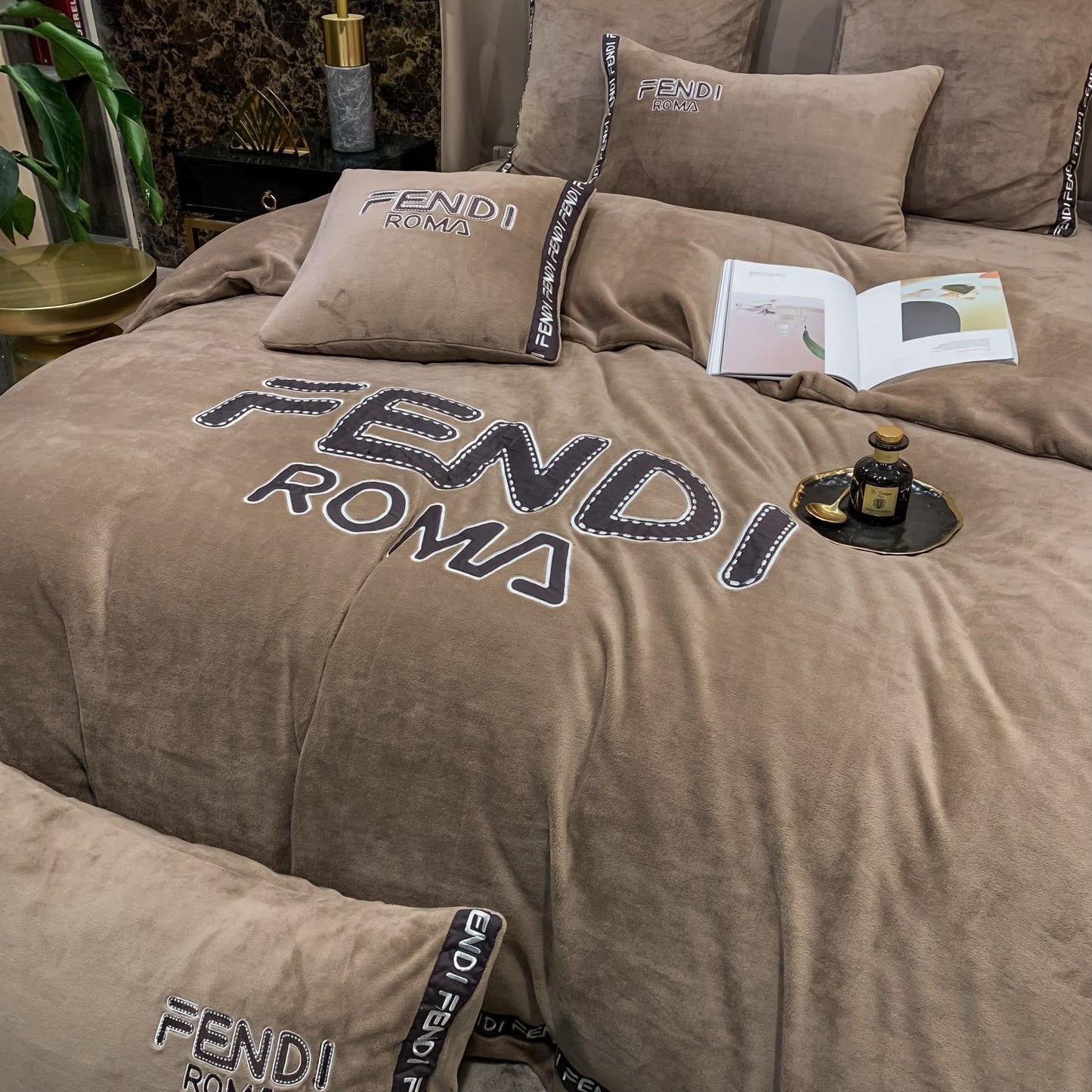 Fendi Roma Brown Milk Velvet Bedding Set