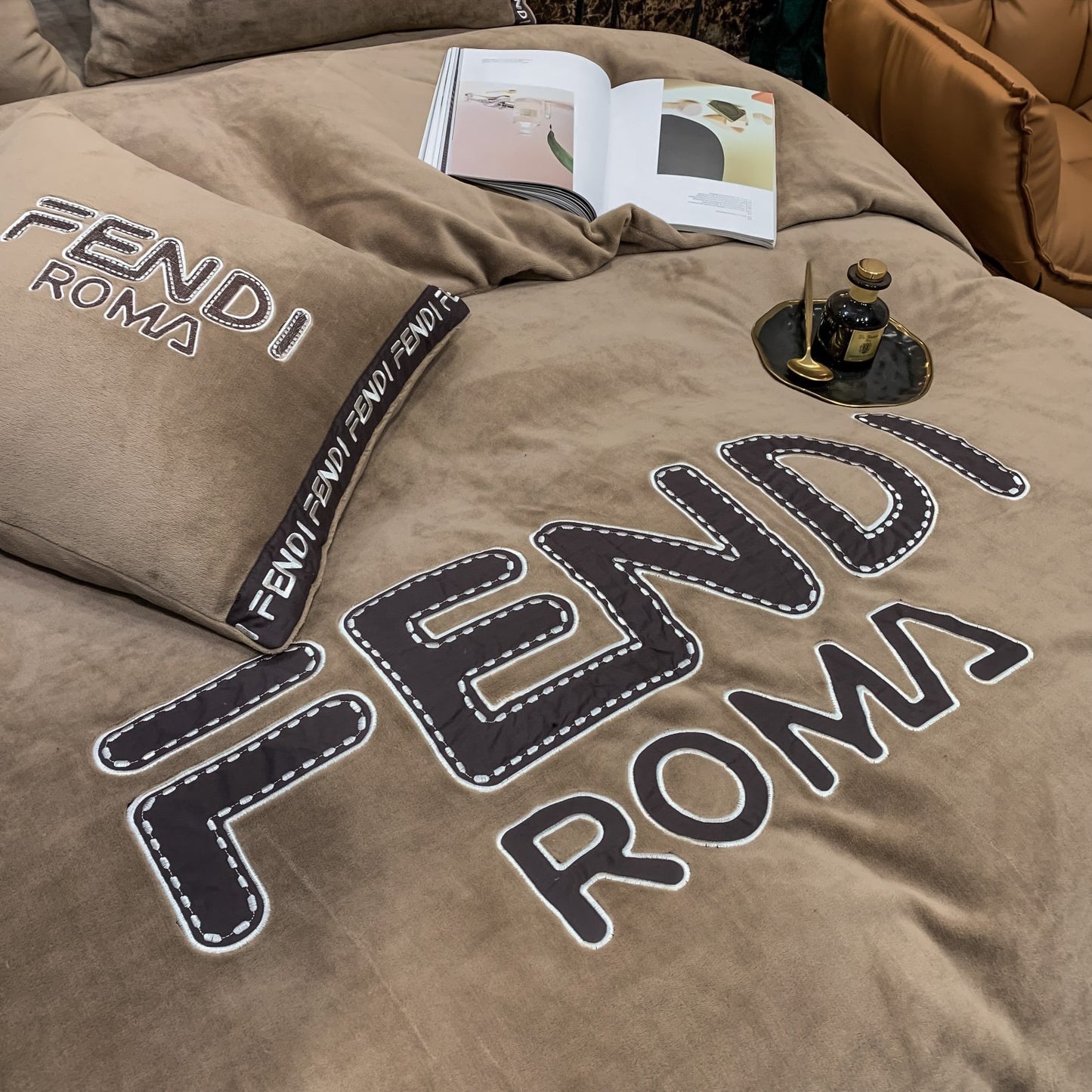 Fendi Roma Brown Milk Velvet Bedding Set