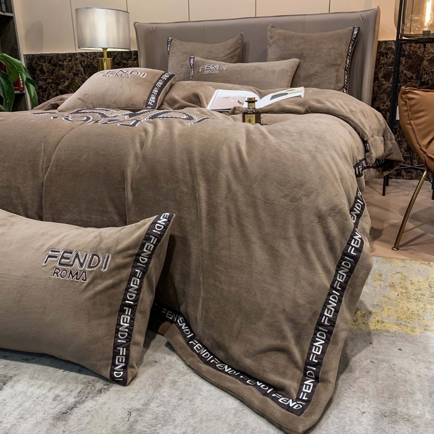 Fendi Roma Brown Milk Velvet Bedding Set