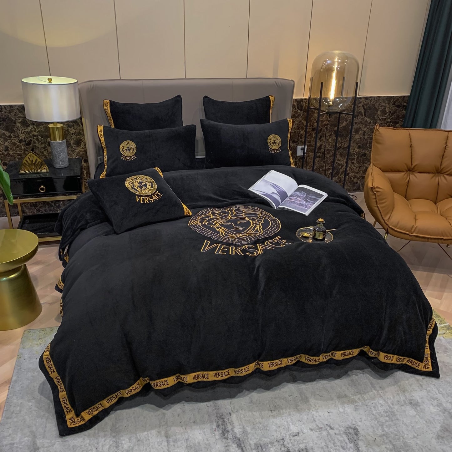 Versace Medusa Black Gold Milk Velvet Bedding Set