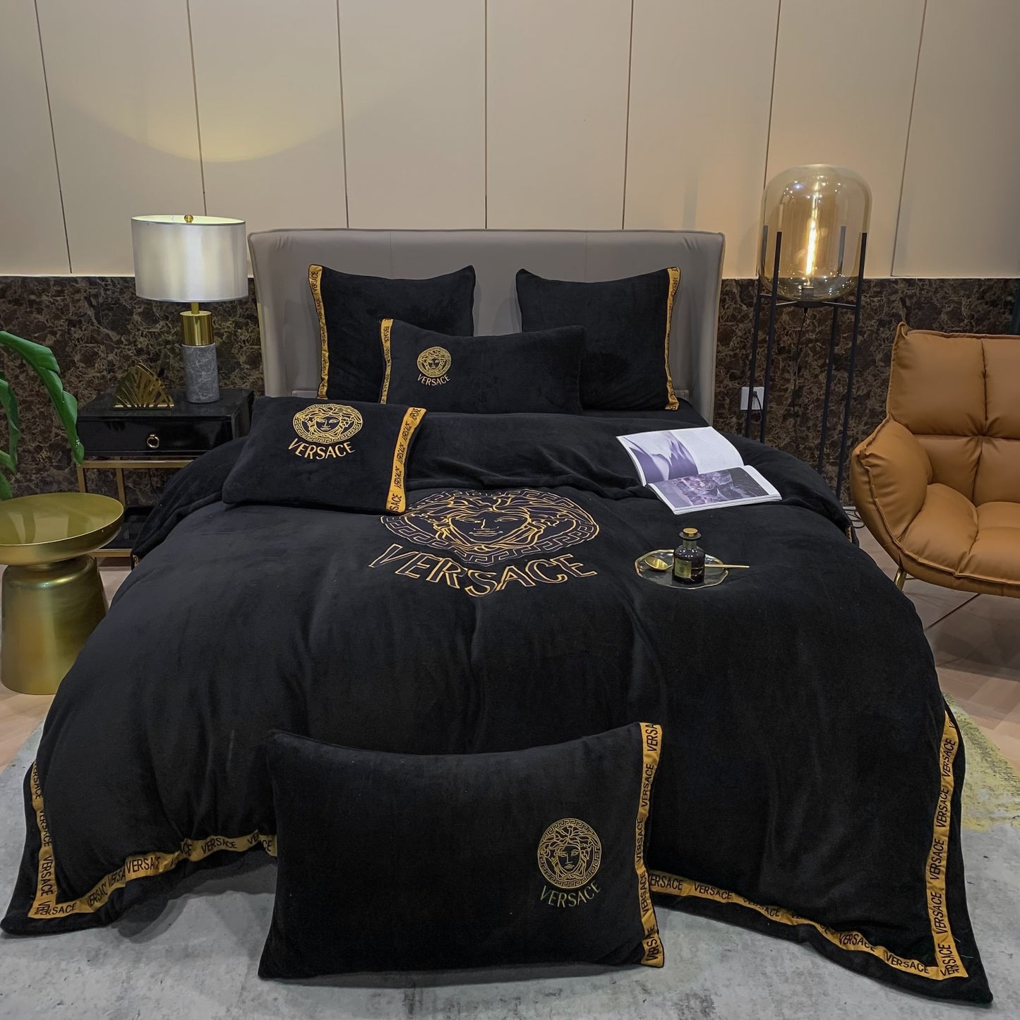 Versace Medusa Black Gold Milk Velvet Bedding Set