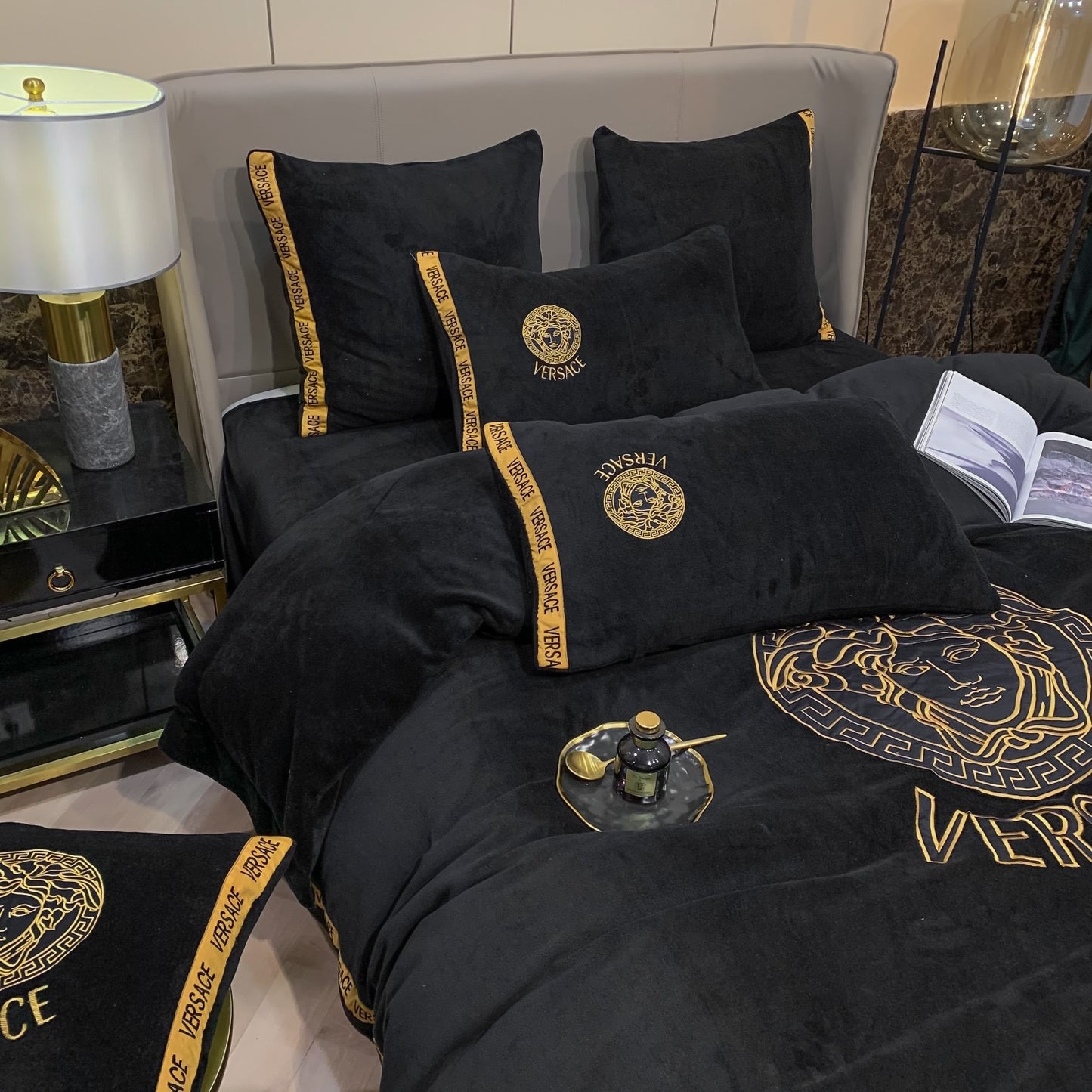 Versace Medusa Black Gold Milk Velvet Bedding Set