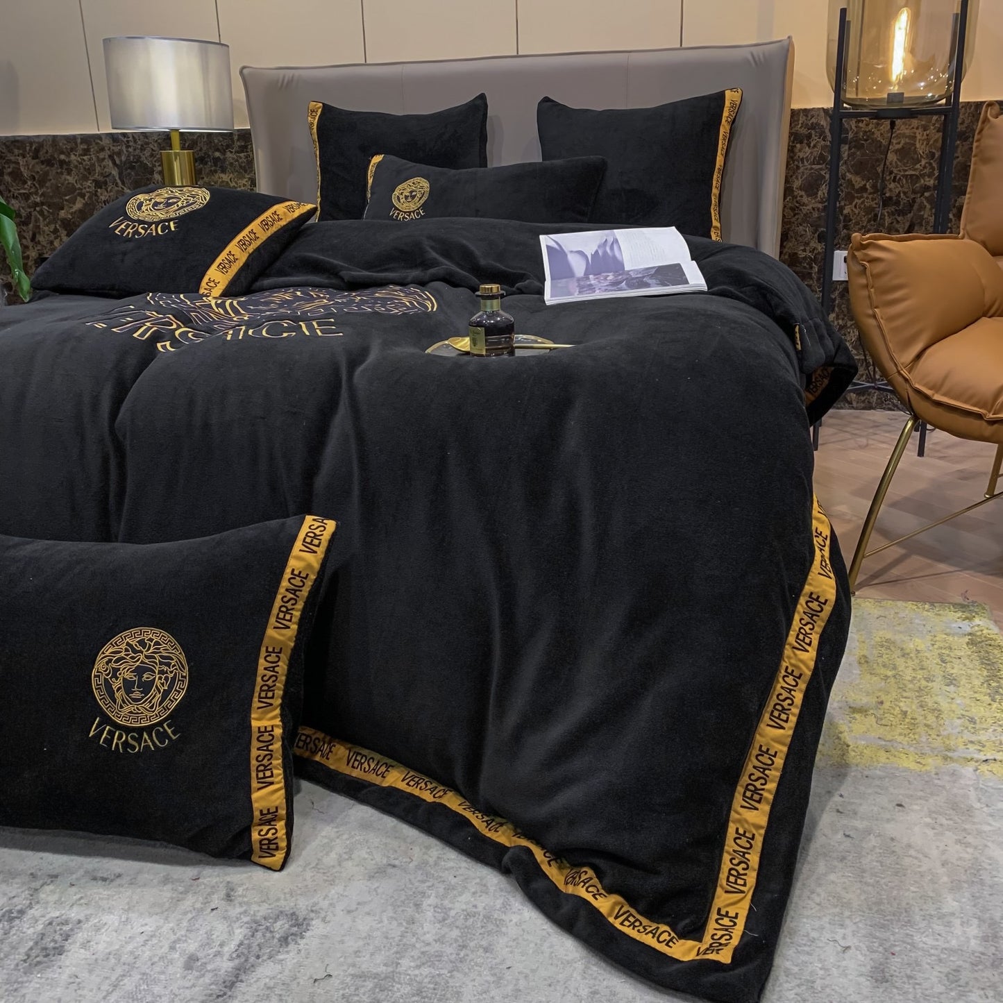 Versace Medusa Black Gold Milk Velvet Bedding Set