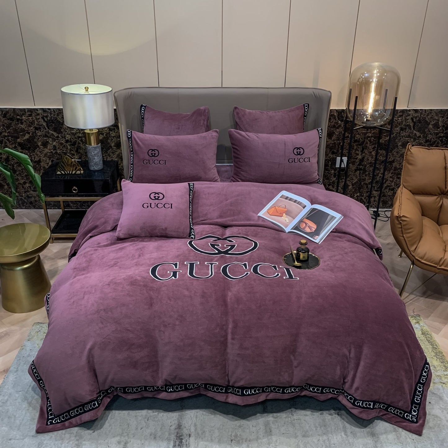 Plain Purple Gucci Logo Milk Velvet Bedding Set