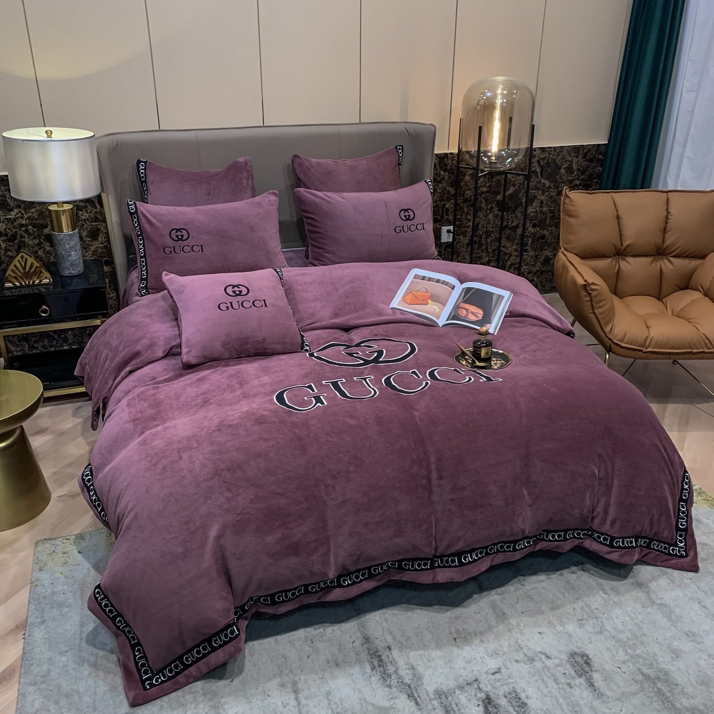 Plain Purple Gucci Logo Milk Velvet Bedding Set