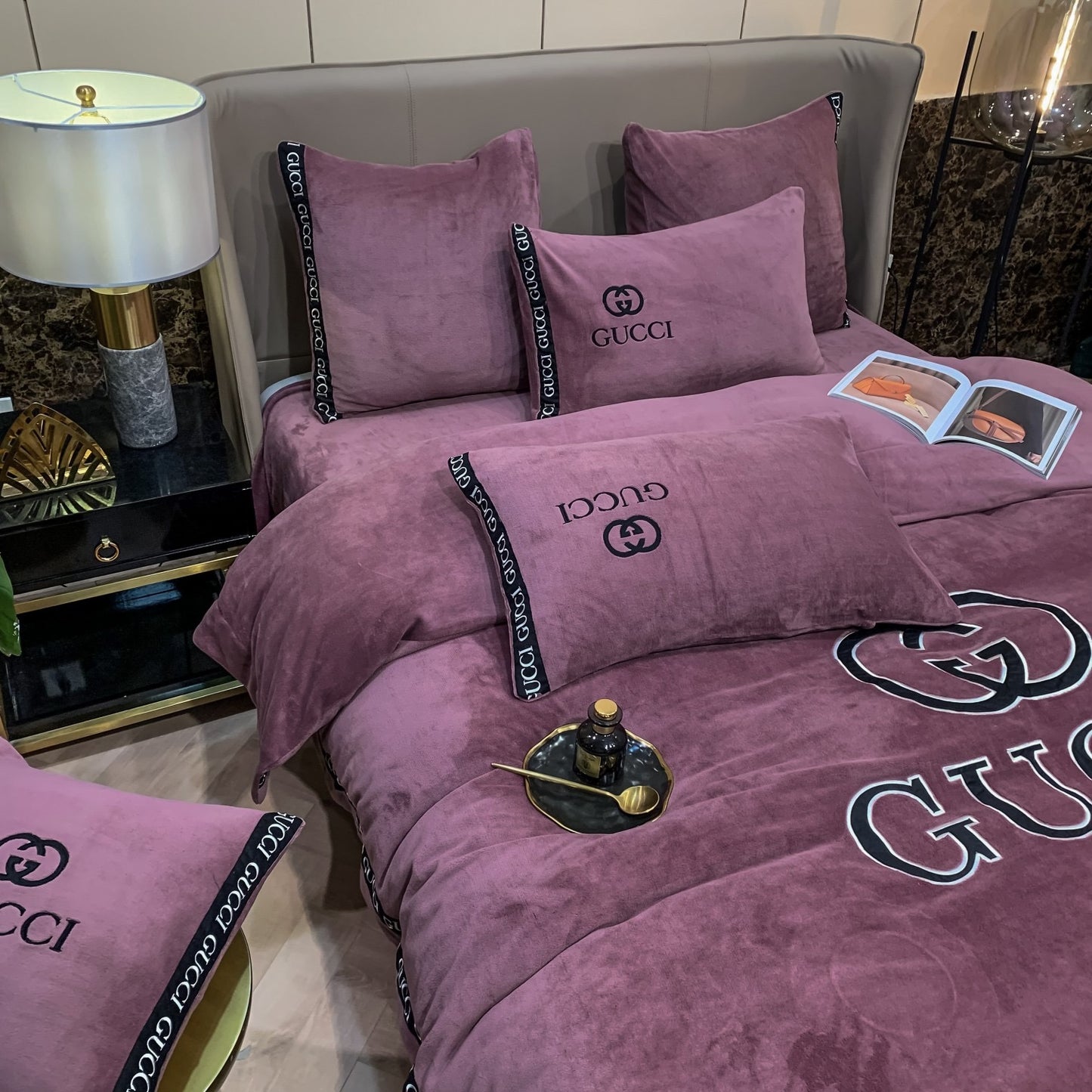 Plain Purple Gucci Logo Milk Velvet Bedding Set