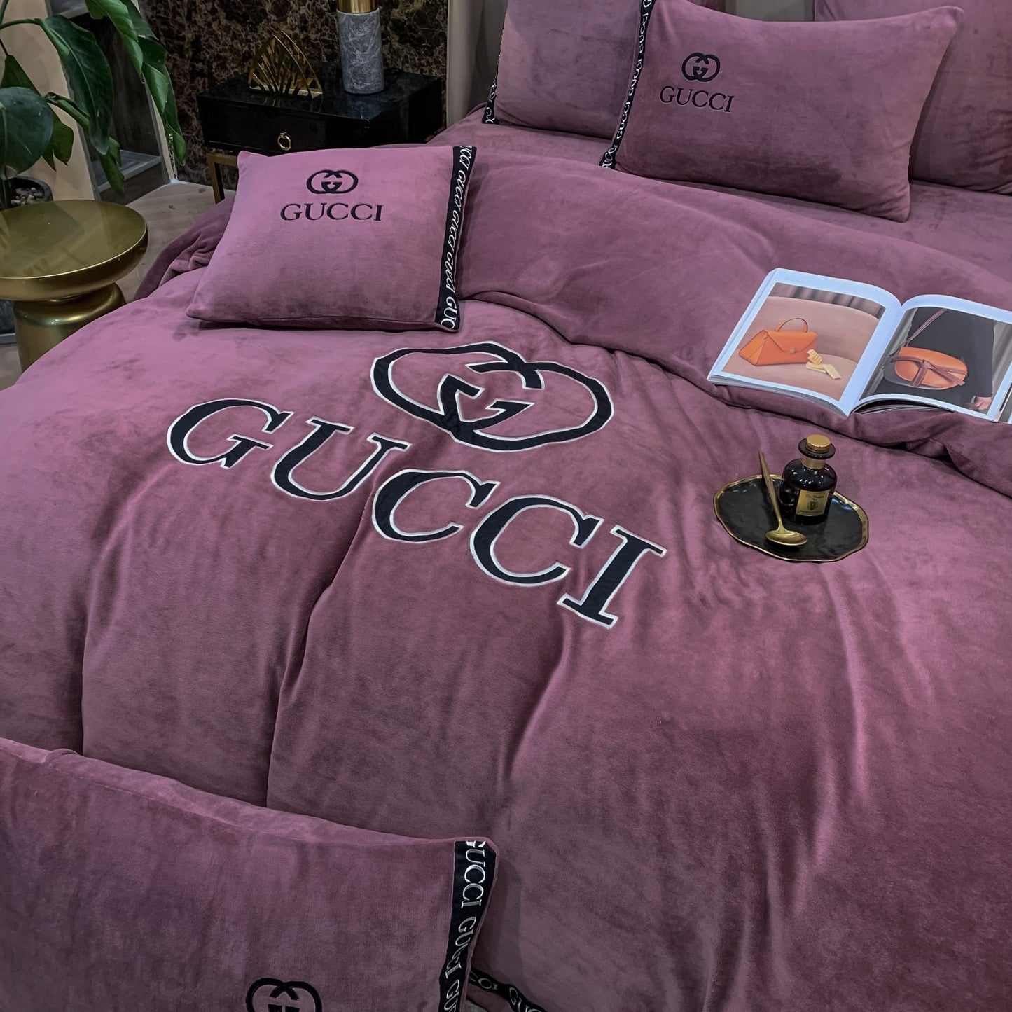 Plain Purple Gucci Logo Milk Velvet Bedding Set