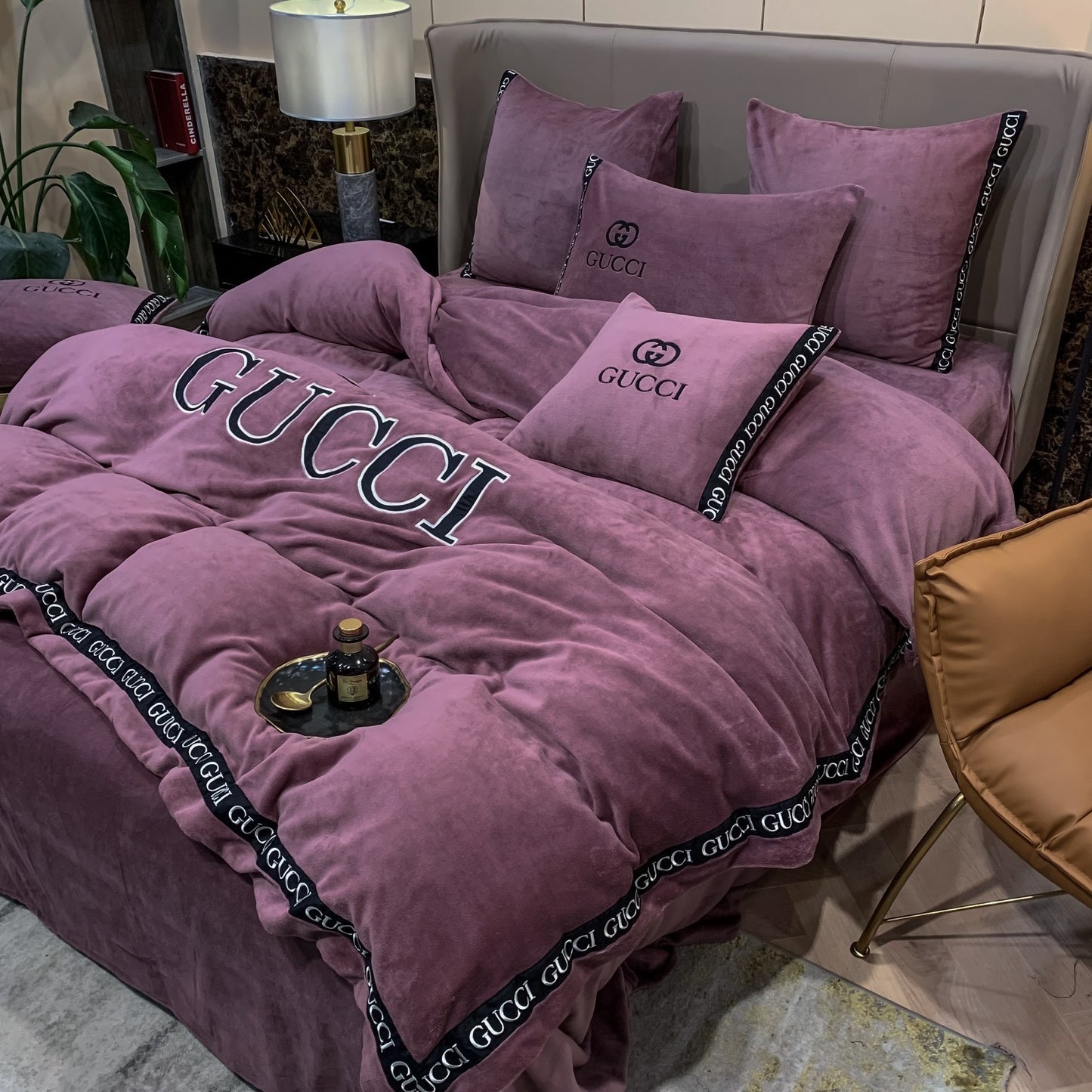 Plain Purple Gucci Logo Milk Velvet Bedding Set