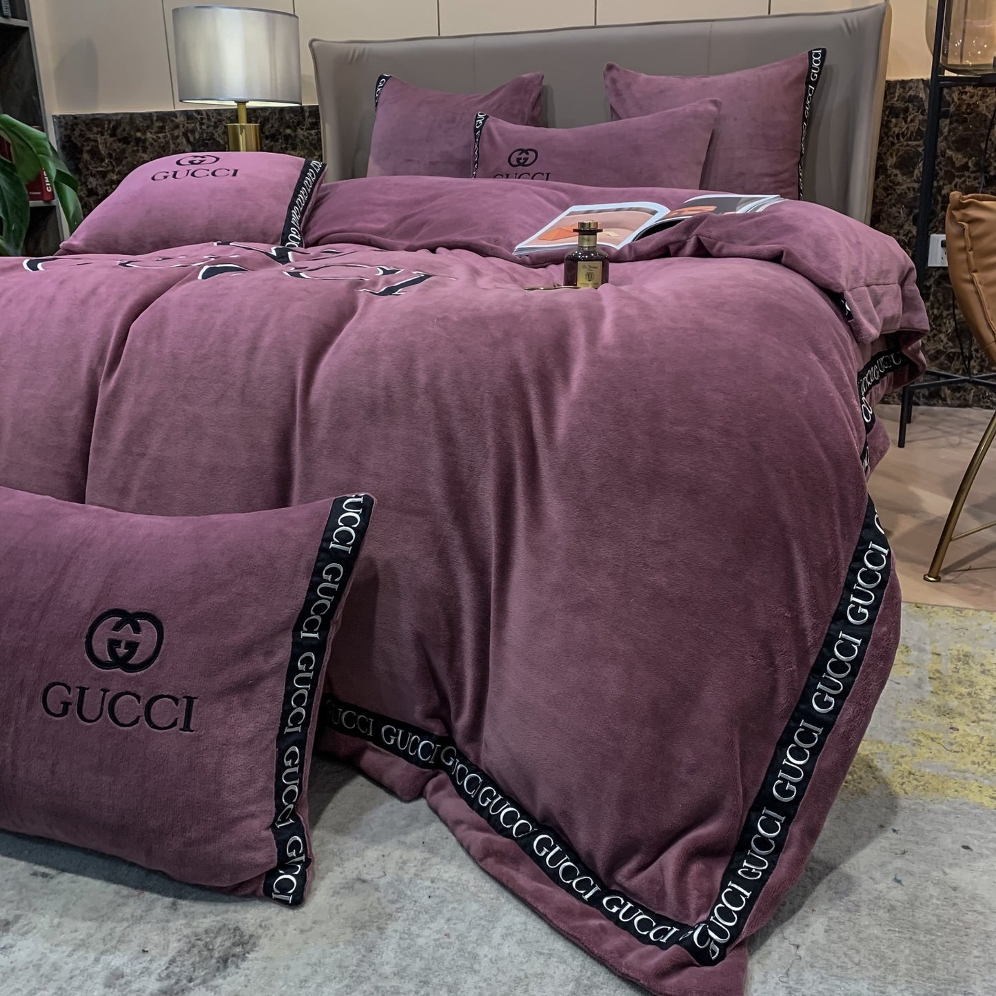 Plain Purple Gucci Logo Milk Velvet Bedding Set